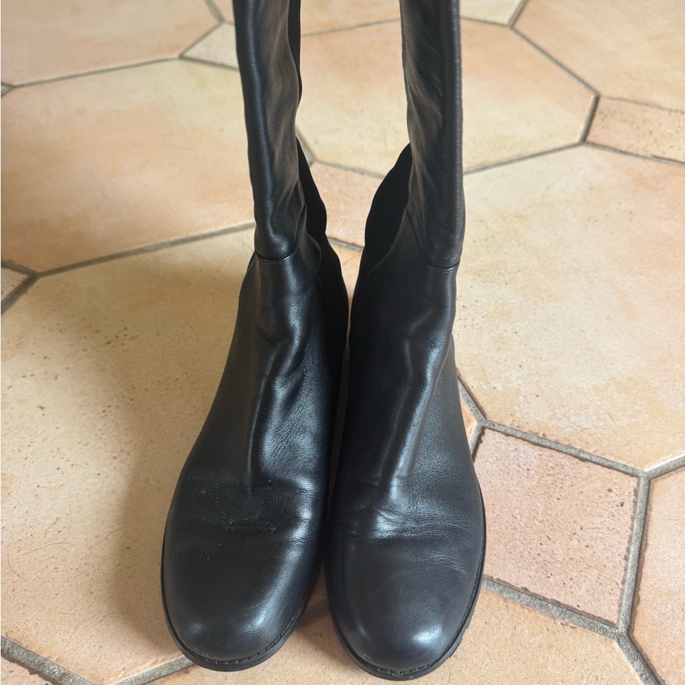 Women's Black Leather Stretch Sock Boots as is.